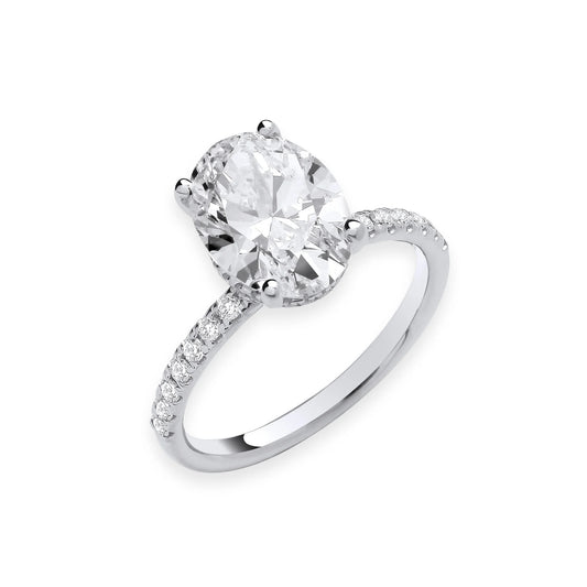 3.28ct Oval Cut Hidden Halo & Diamond Shoulder Engagement Ring - D/E, VVS/VS - IGI - 18ct White Gold