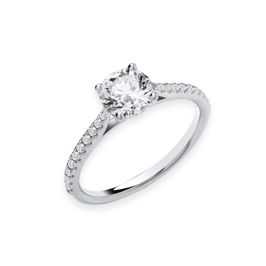 1.15ct Round Brilliant Cut Diamond Shoulder Engagement Ring - D/E, VVS/VS - IGI - 18ct White Gold