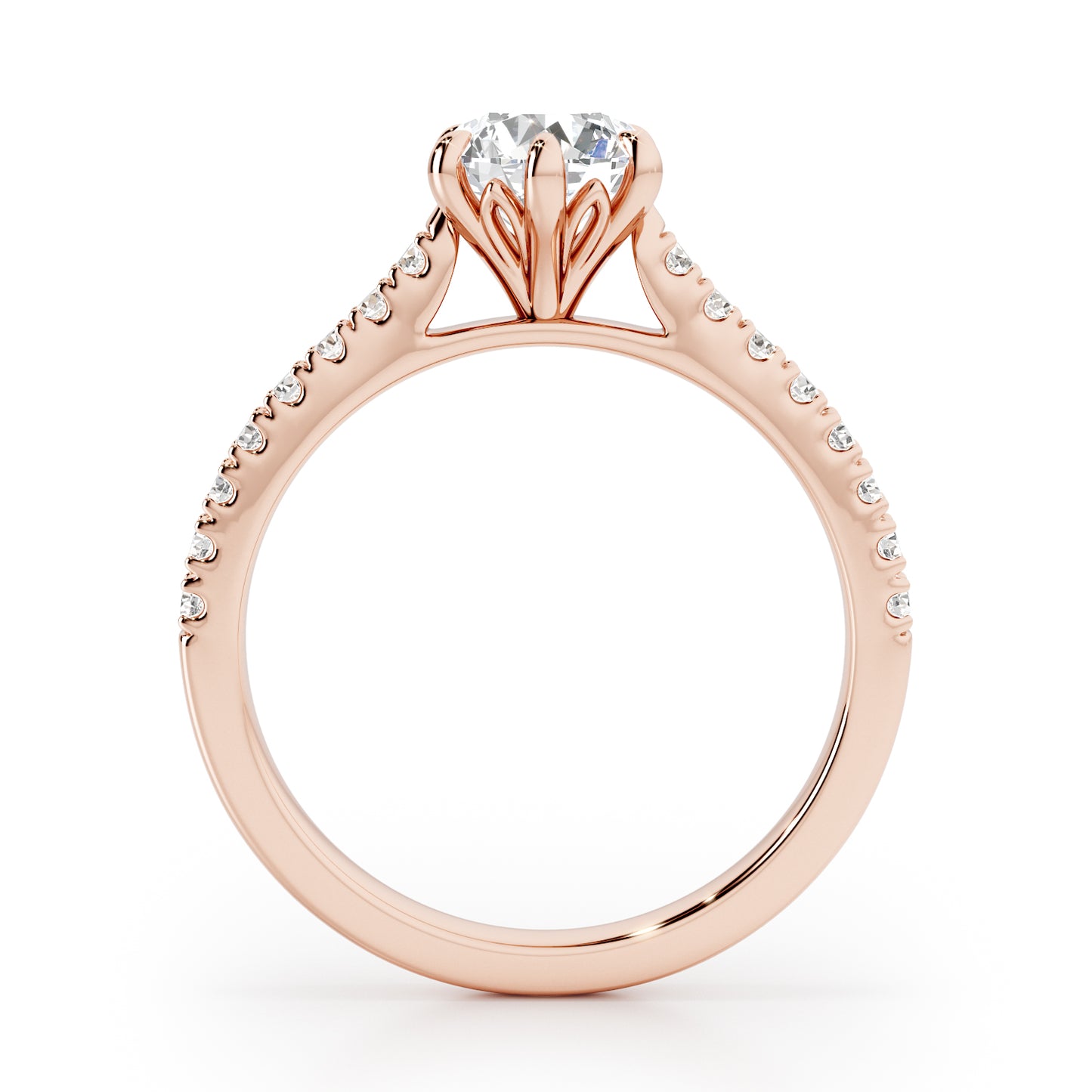 6 Claw Round Cut with Diamond Shoulders Engagement Ring - 2ct+, E/F, VVS - 18ct Rose Gold