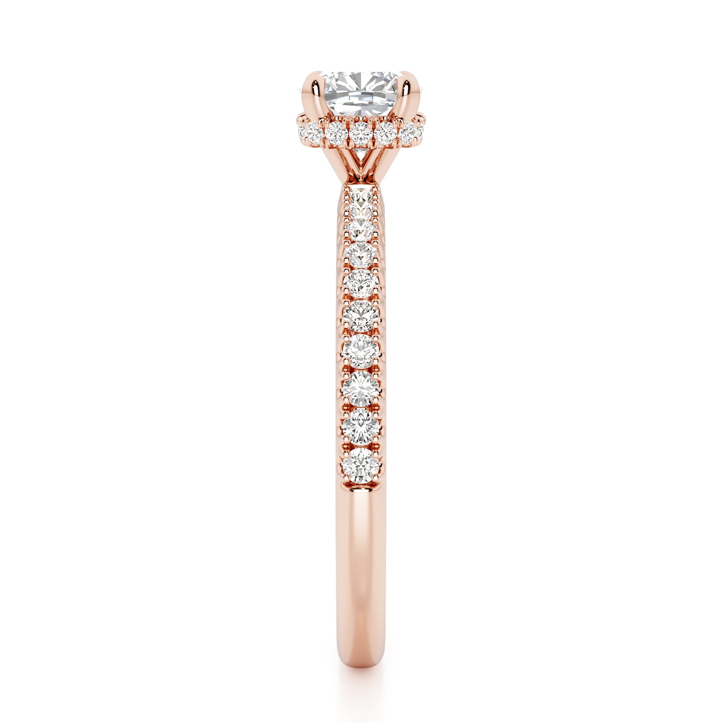 Cushion Cut Hidden Halo with Diamond Shoulders Engagement Ring - 2ct+, E/F, VVS - 18ct Rose Gold