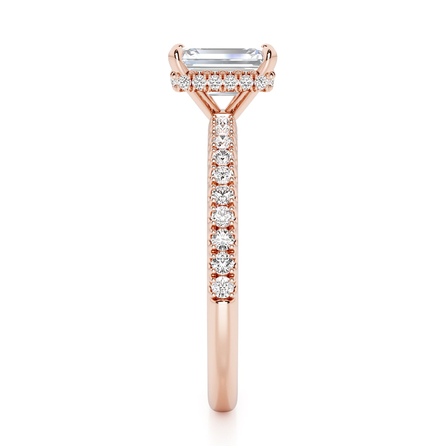 Emerald Cut Hidden Halo with Diamond Shoulders Engagement Ring - 2ct+, E/F, VVS - 18ct Rose Gold