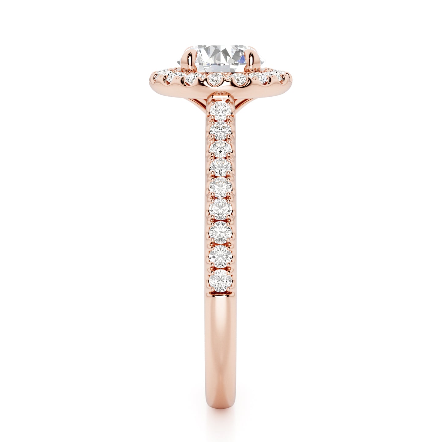 4 Claw Round Cut Halo Engagement Ring with Diamond Shoulders - 1ct+, E/F, VVS - 18ct Rose Gold