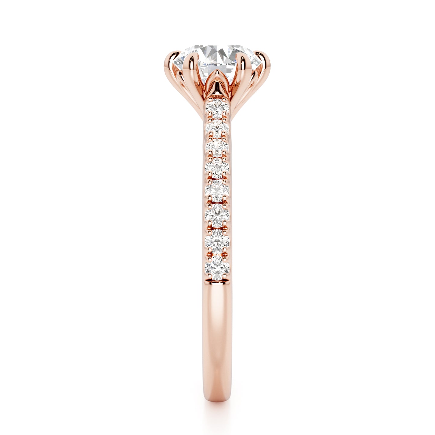 6 Claw Round Cut with Diamond Shoulders Engagement Ring - 2ct+, E/F, VVS - 18ct Rose Gold