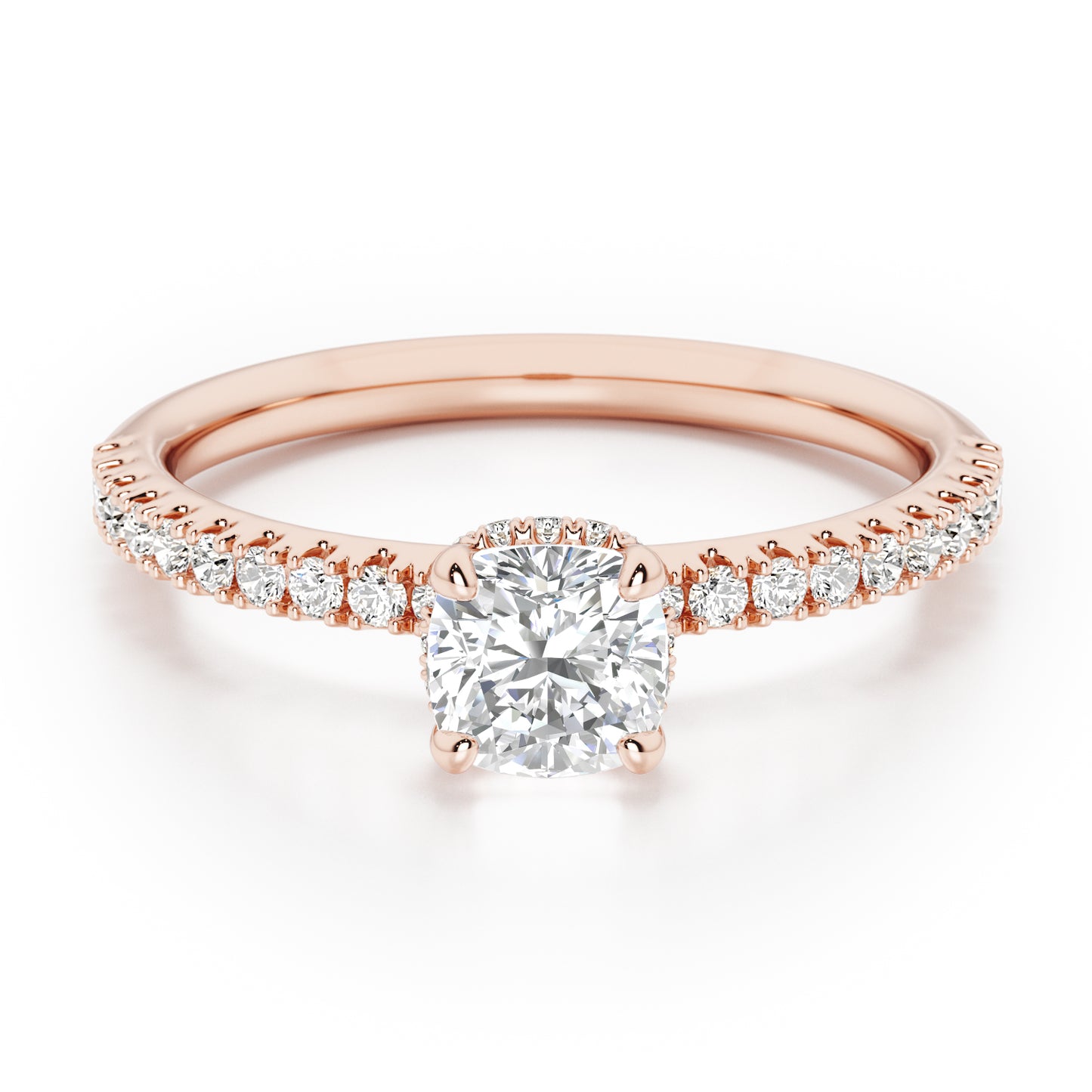 Cushion Cut Hidden Halo with Diamond Shoulders Engagement Ring - 2ct+, E/F, VVS - 18ct Rose Gold