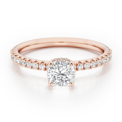 Cushion Cut Hidden Halo with Diamond Shoulders Engagement Ring - 2ct+, E/F, VVS - 18ct Rose Gold