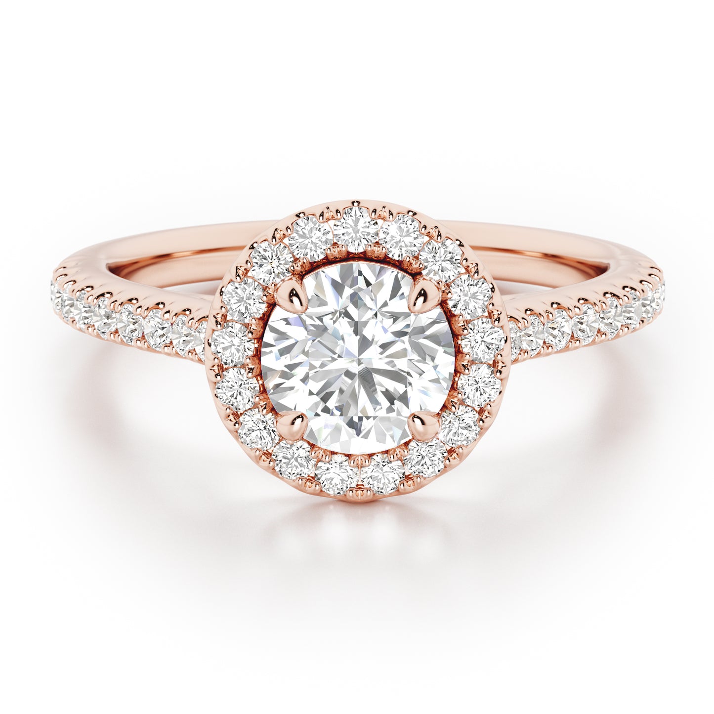 4 Claw Round Cut Halo Engagement Ring with Diamond Shoulders - 1ct+, E/F, VVS - 18ct Rose Gold