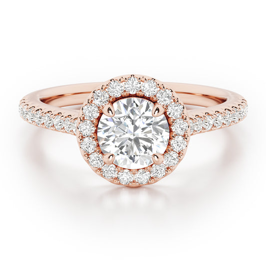 4 Claw Round Cut Halo Engagement Ring with Diamond Shoulders - 1ct+, E/F, VVS - 18ct Rose Gold