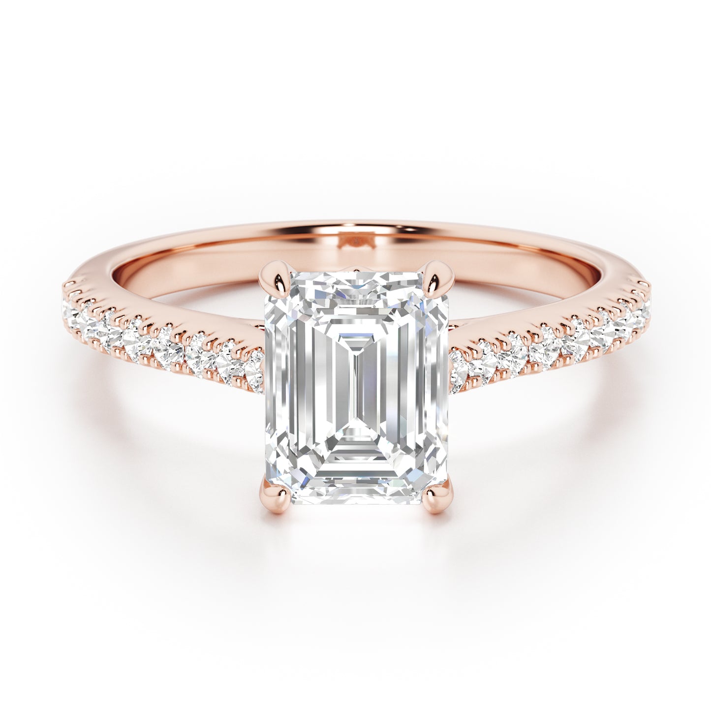 Emerald Cut with Diamond Shoulders Engagement Ring - 2ct+, E/F, VVS - 18ct Rose Gold