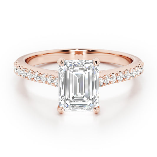 Emerald Cut with Diamond Shoulders Engagement Ring - 2ct+, E/F, VVS - 18ct Rose Gold