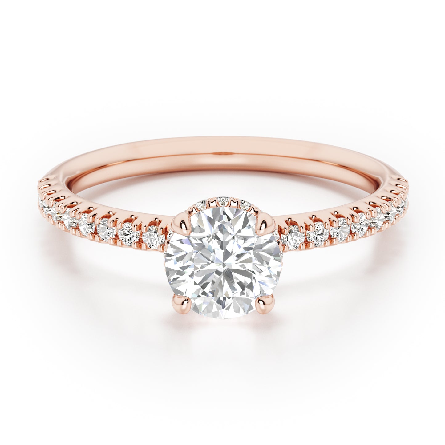 Classic Round Cut Hidden Halo with Diamond Shoulders Engagement Ring - 2ct+, E/F, VVS - 18ct Rose Gold
