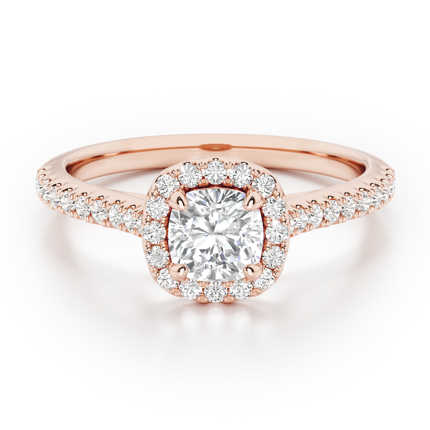 Cushion Cut Halo Engagement Ring with Diamond Shoulders - 2ct+, E/F, VVS - 18ct Rose Gold