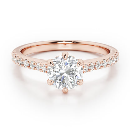 6 Claw Round Cut with Diamond Shoulders Engagement Ring - 2ct+, E/F, VVS - 18ct Rose Gold