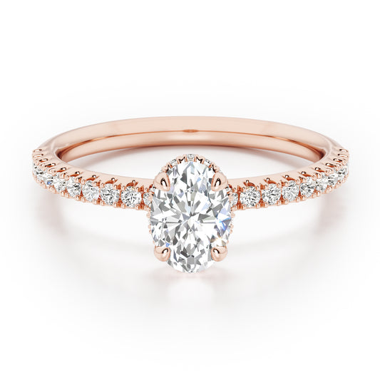 Oval Cut Hidden Halo with Diamond Shoulders Engagement Ring - 2ct+, E/F, VVS - 18ct Rose Gold