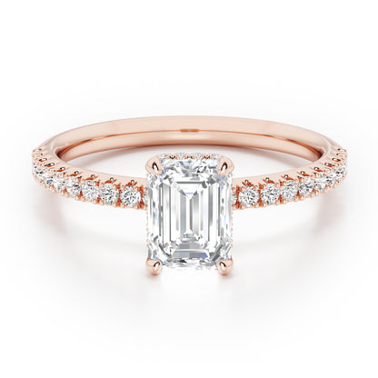 Emerald Cut Hidden Halo with Diamond Shoulders Engagement Ring - 2ct+, E/F, VVS - 18ct Rose Gold