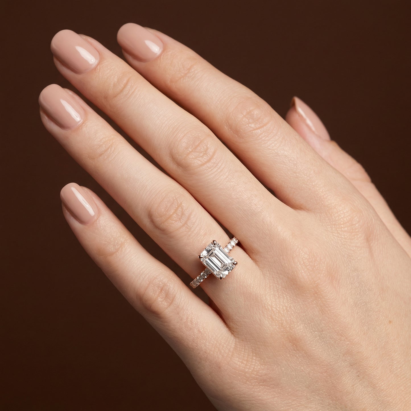 Emerald Cut Hidden Halo with Diamond Shoulders Engagement Ring - 2ct+, E/F, VVS - 18ct Rose Gold