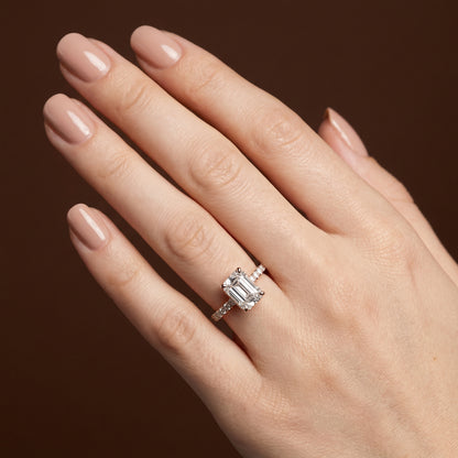 Emerald Cut Hidden Halo with Diamond Shoulders Engagement Ring - 2ct+, E/F, VVS - 18ct Rose Gold