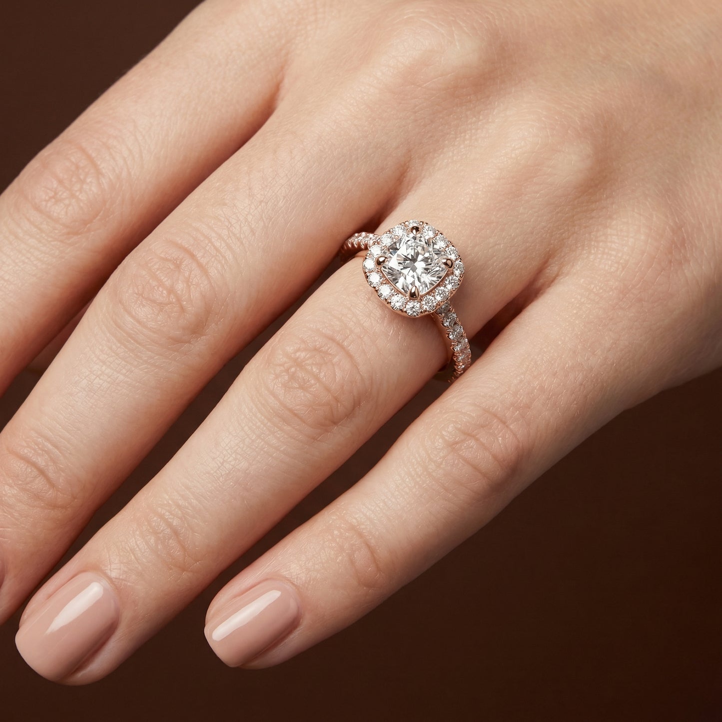 Cushion Cut Halo Engagement Ring with Diamond Shoulders - 2ct+, E/F, VVS - 18ct Rose Gold