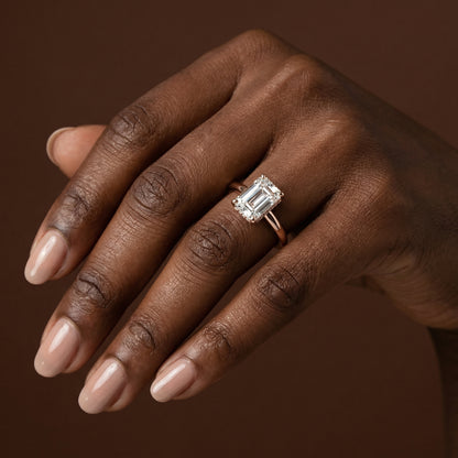 Emerald Cut Hidden Halo Engagement Ring - 2ct+, E/F, VVS - 18ct Rose Gold