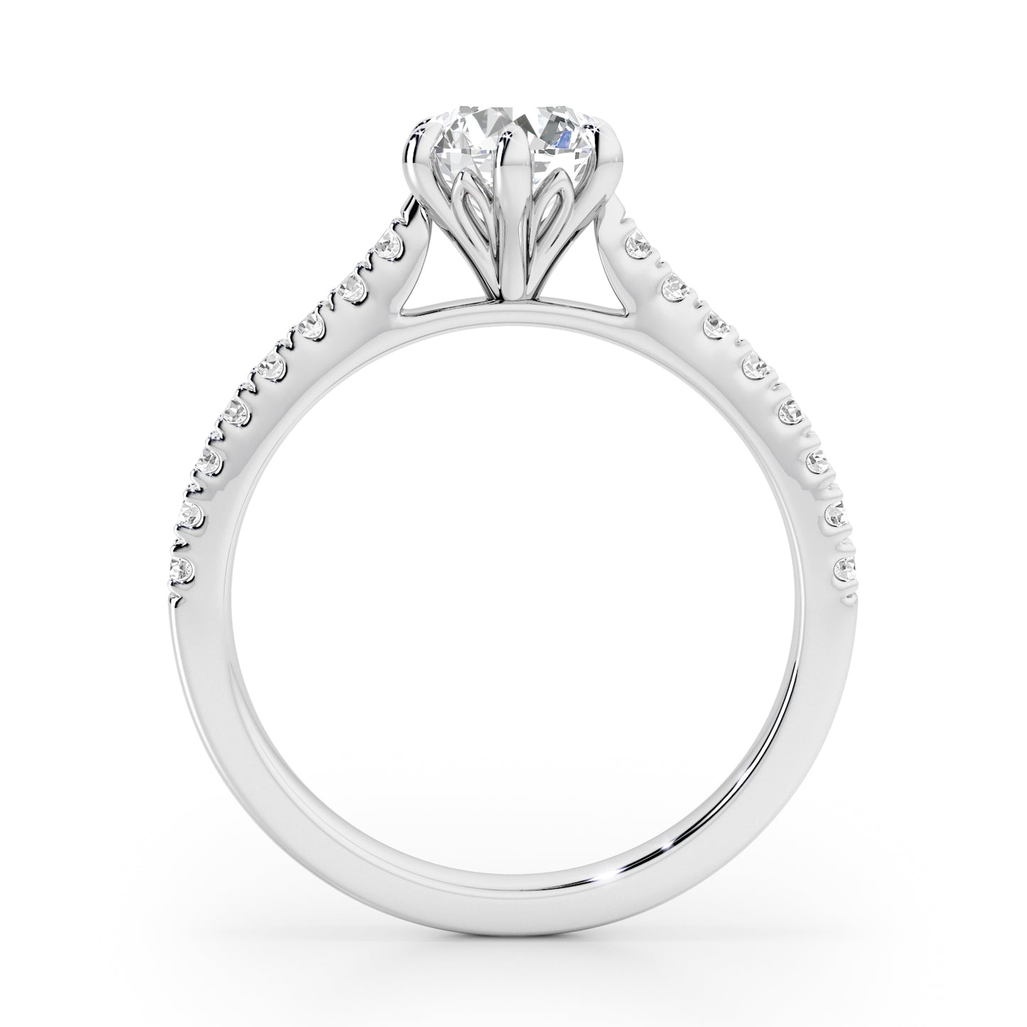 6 Claw Round Cut with Diamond Shoulders Engagement Ring - 2ct+, E/F, VVS - Platinum