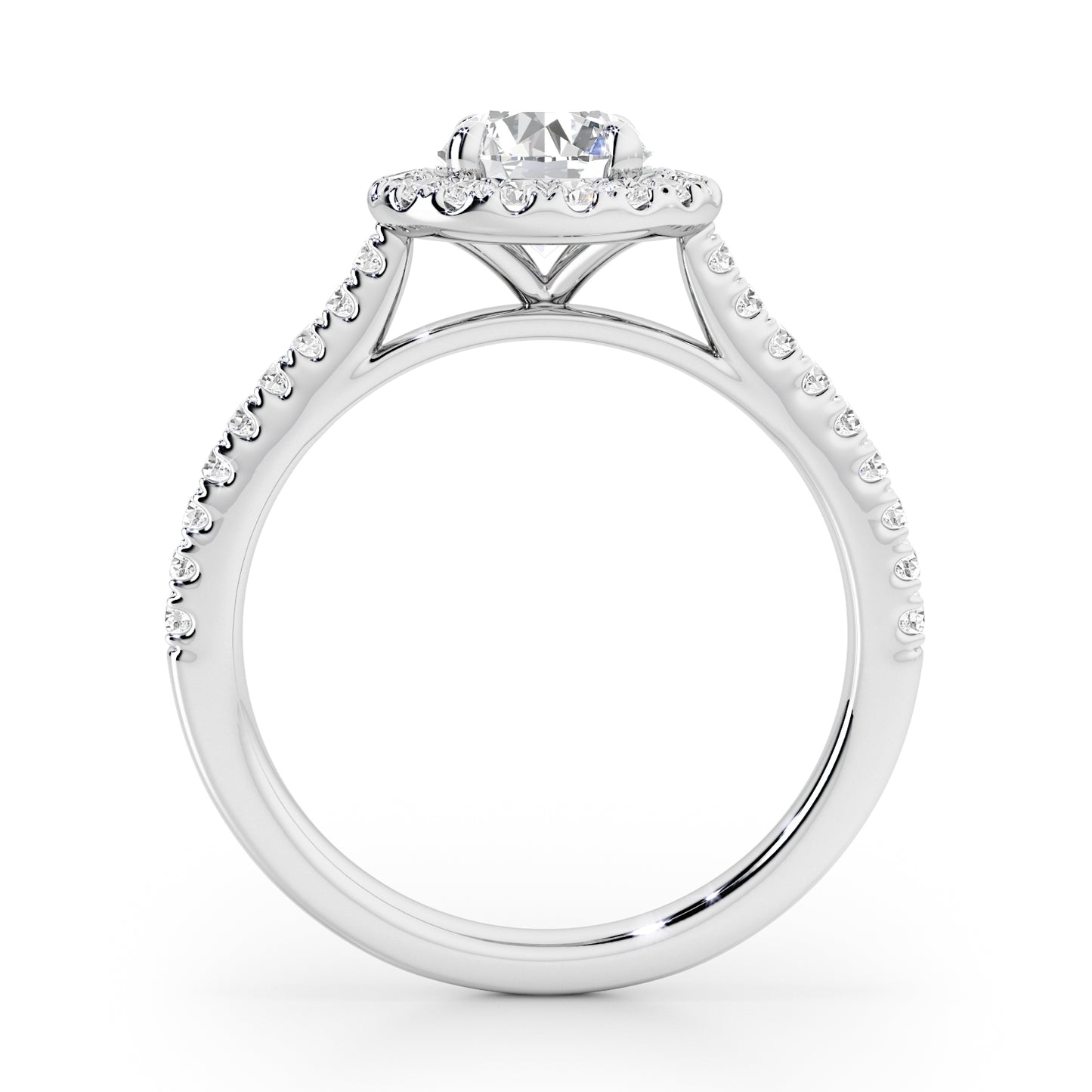 4 Claw Round Cut Halo Engagement Ring with Diamond Shoulders - 1ct+, E/F, VVS - Platinum
