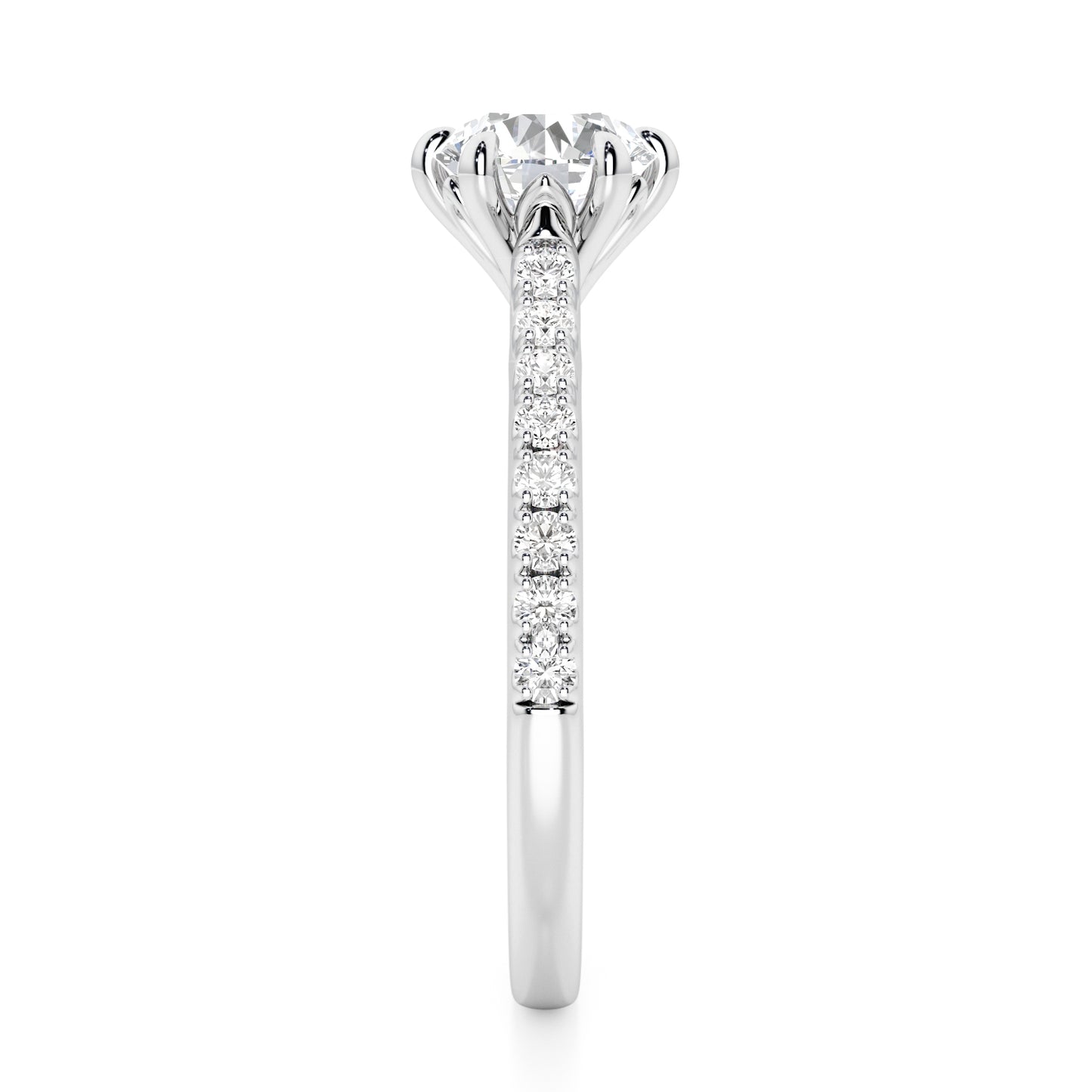 6 Claw Round Cut with Diamond Shoulders Engagement Ring - 2ct+, E/F, VVS - Platinum