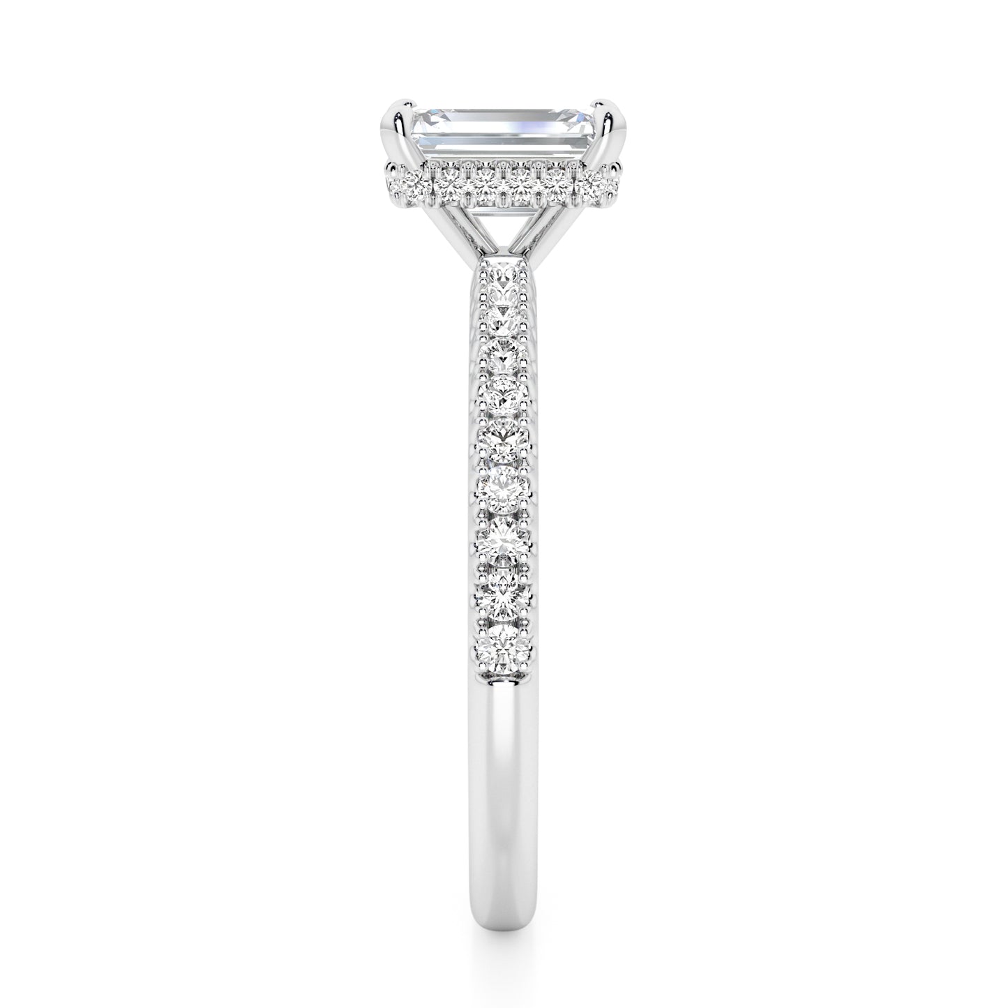 Emerald Cut Hidden Halo with Diamond Shoulders Engagement Ring - 2ct+, E/F, VVS - Platinum