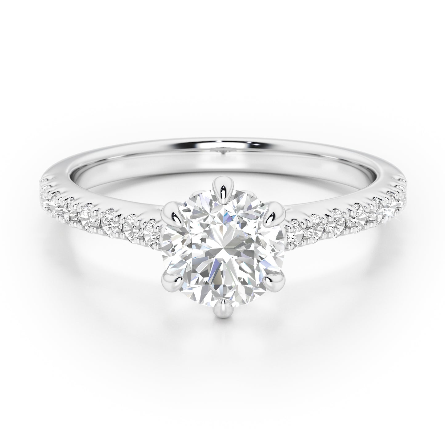6 Claw Round Cut with Diamond Shoulders Engagement Ring - 2ct+, E/F, VVS - Platinum