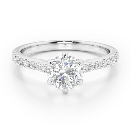 6 Claw Round Cut with Diamond Shoulders Engagement Ring - 2ct+, E/F, VVS - Platinum