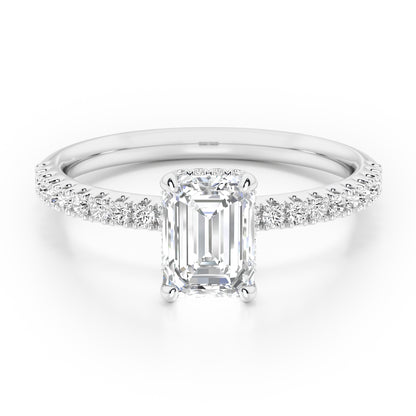 Emerald Cut Hidden Halo with Diamond Shoulders Engagement Ring - 2ct+, E/F, VVS - Platinum