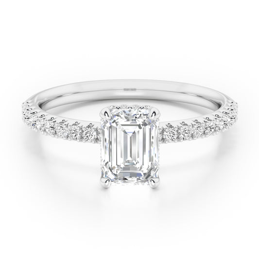 Emerald Cut Hidden Halo with Diamond Shoulders Engagement Ring - 2ct+, E/F, VVS - Platinum