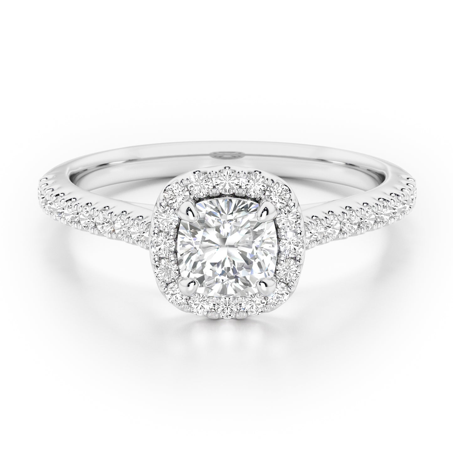 Cushion Cut Halo Engagement Ring with Diamond Shoulders - 2ct+, E/F, VVS - Platinum