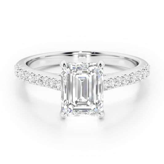 Emerald Cut with Diamond Shoulders Engagement Ring - 2ct+, E/F, VVS - Platinum