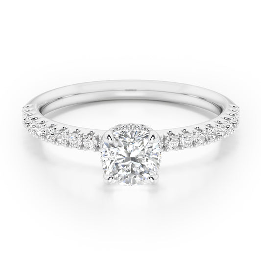 Cushion Cut Hidden Halo with Diamond Shoulders Engagement Ring - 2ct+, E/F, VVS - Platinum