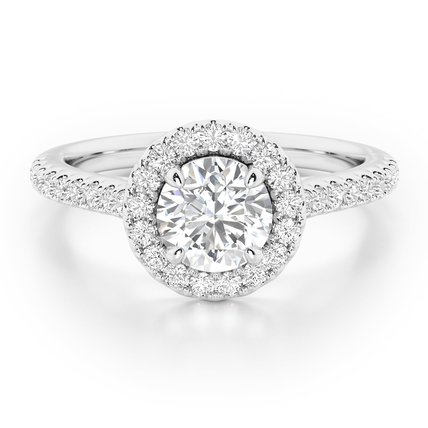 4 Claw Round Cut Halo Engagement Ring with Diamond Shoulders - 1ct+, E/F, VVS - Platinum