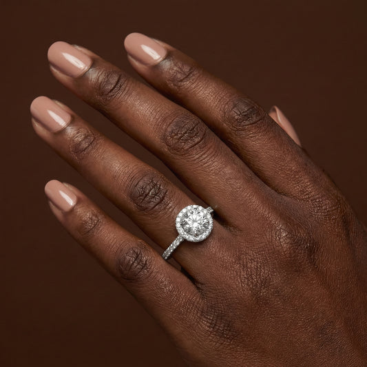 4 Claw Round Brilliant Cut Halo Engagement Ring with Diamond Shoulders - 1ct+, E/F, VVS - Platinum