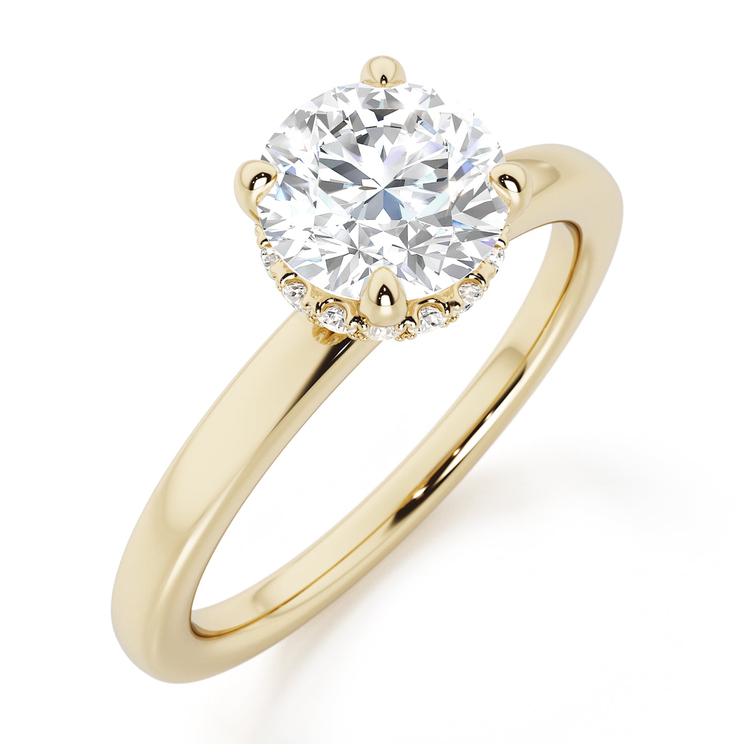 Classic Round Cut Hidden Halo Engagement Ring - 2ct+, E/F, VVS - 18ct Yellow Gold