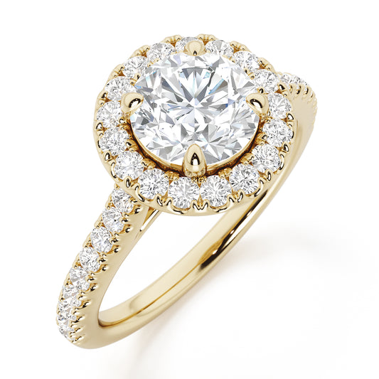 4 Claw Round Cut Halo Engagement Ring with Diamond Shoulders - 1ct+, E/F, VVS - 18ct Yellow Gold