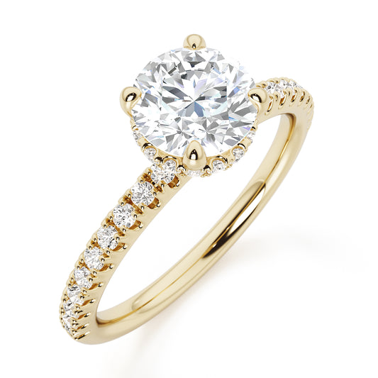 Classic Round Cut Hidden Halo with Diamond Shoulders Engagement Ring - 2ct+, E/F, VVS - 18ct Yellow Gold