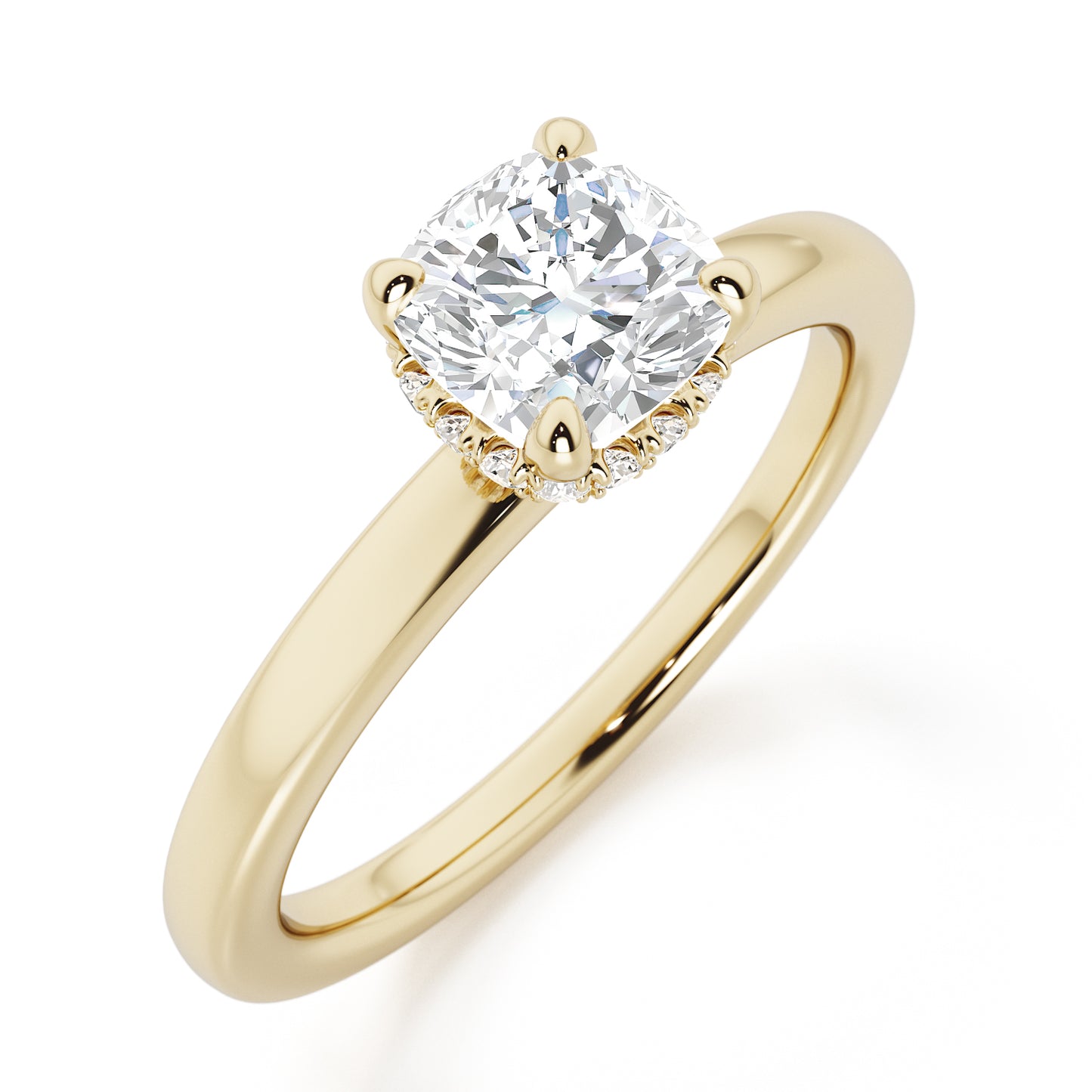 Cushion Cut Hidden Halo Engagement Ring - 2ct+, E/F, VVS - 18ct Yellow Gold