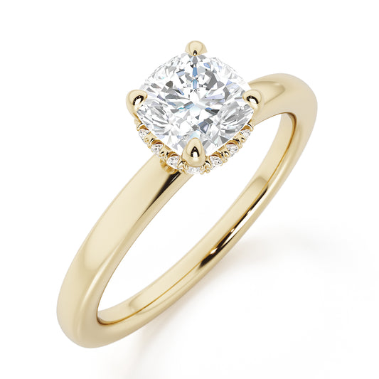 Cushion Cut Hidden Halo Engagement Ring - 2ct+, E/F, VVS - 18ct Yellow Gold