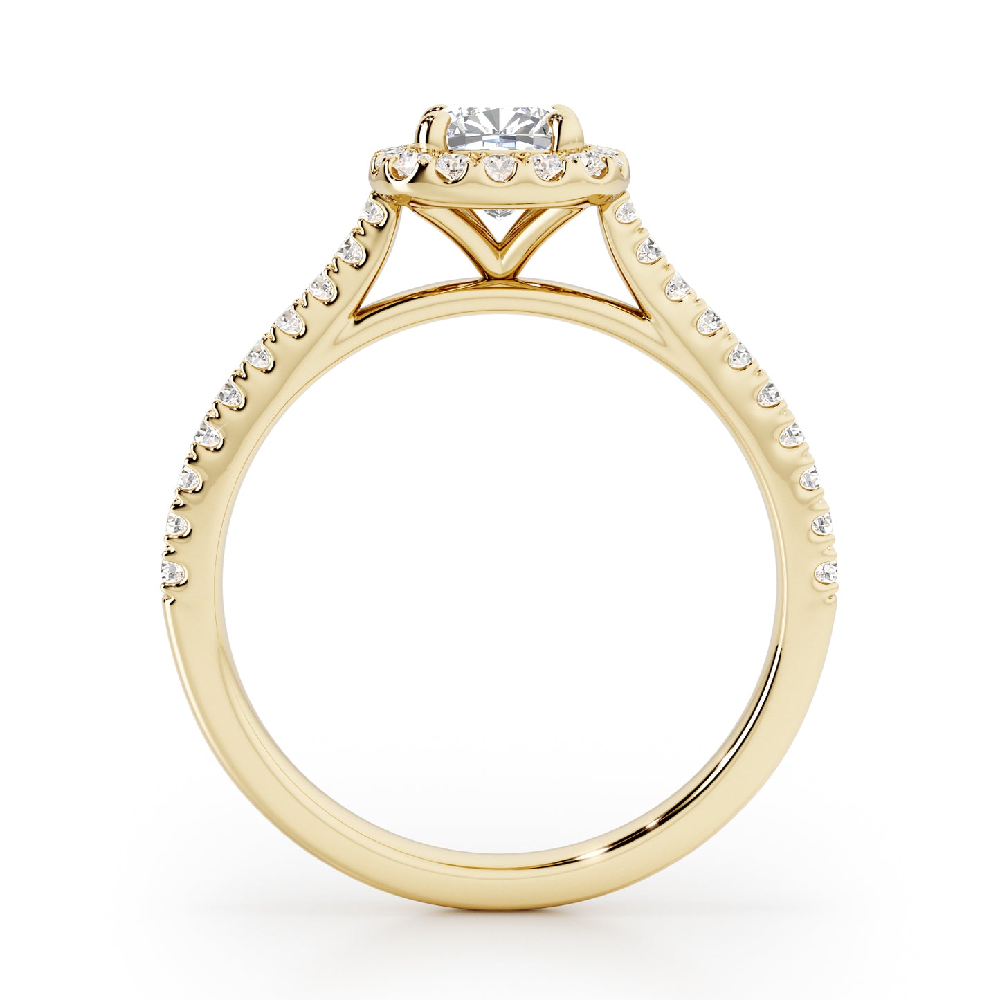 Cushion Cut Halo Engagement Ring with Diamond Shoulders - 2ct+, E/F, VVS - 18ct Yellow Gold