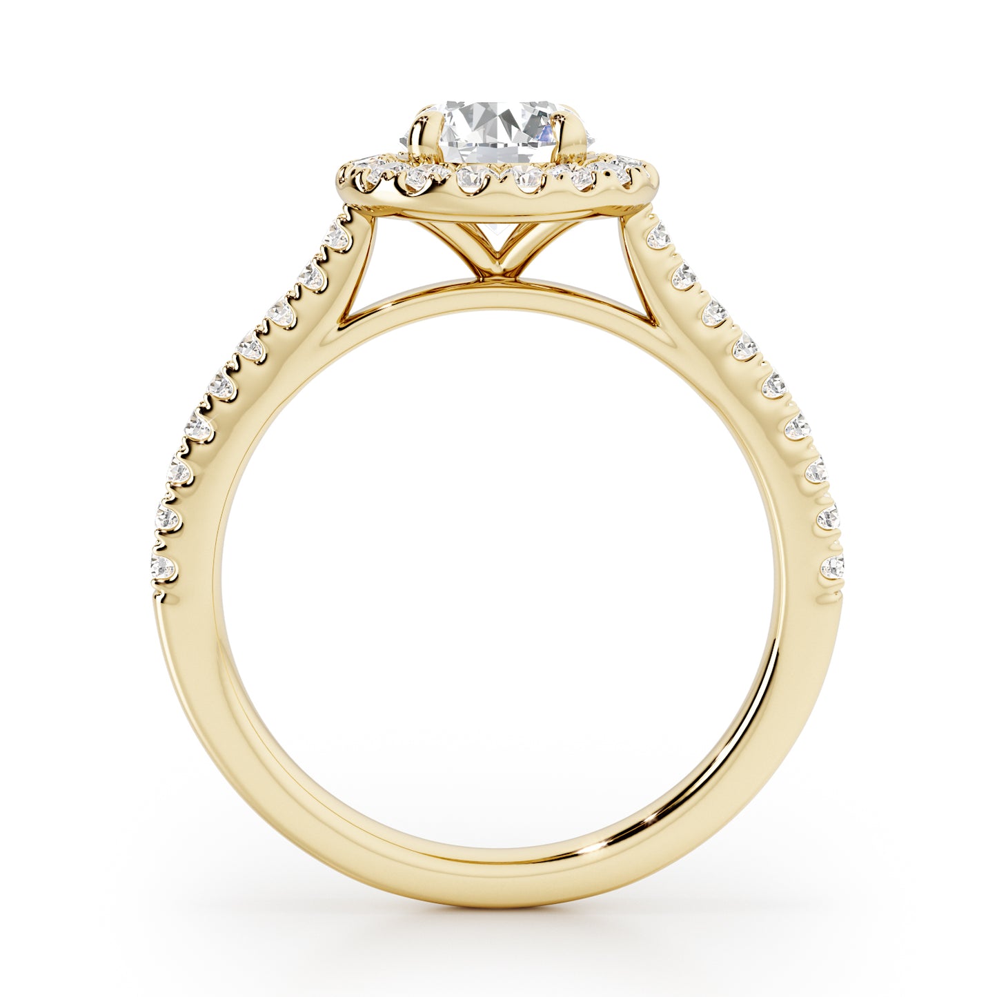 4 Claw Round Cut Halo Engagement Ring with Diamond Shoulders - 1ct+, E/F, VVS - 18ct Yellow Gold