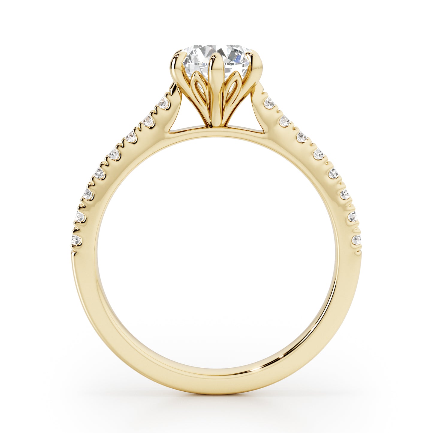 6 Claw Round Cut with Diamond Shoulders Engagement Ring - 2ct+, E/F, VVS - 18ct Yellow Gold