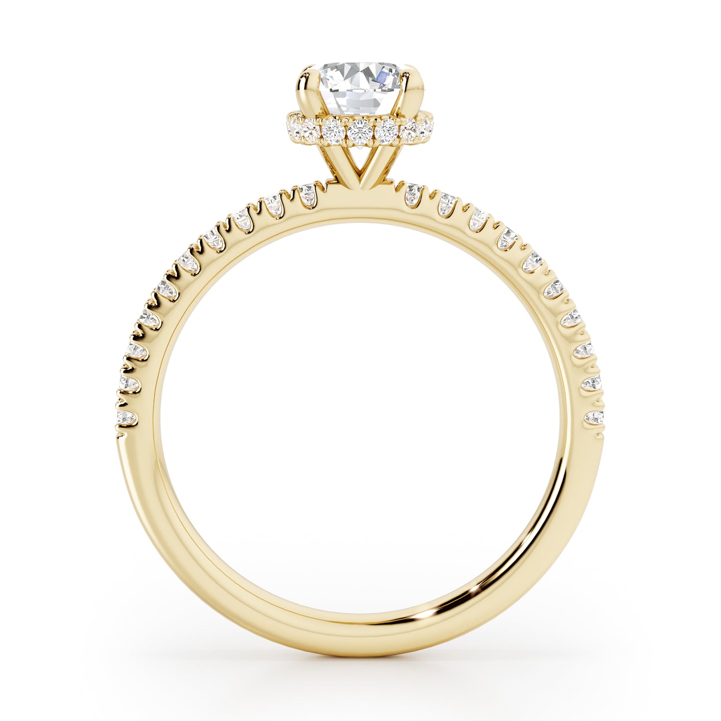 Classic Round Cut Hidden Halo with Diamond Shoulders Engagement Ring - 2ct+, E/F, VVS - 18ct Yellow Gold
