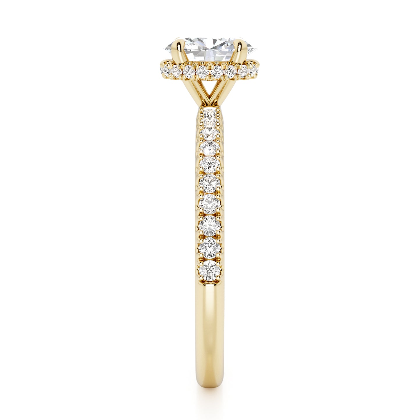 Oval Cut Hidden Halo with Diamond Shoulders Engagement Ring - 2ct+, E/F, VVS - 18ct Yellow Gold