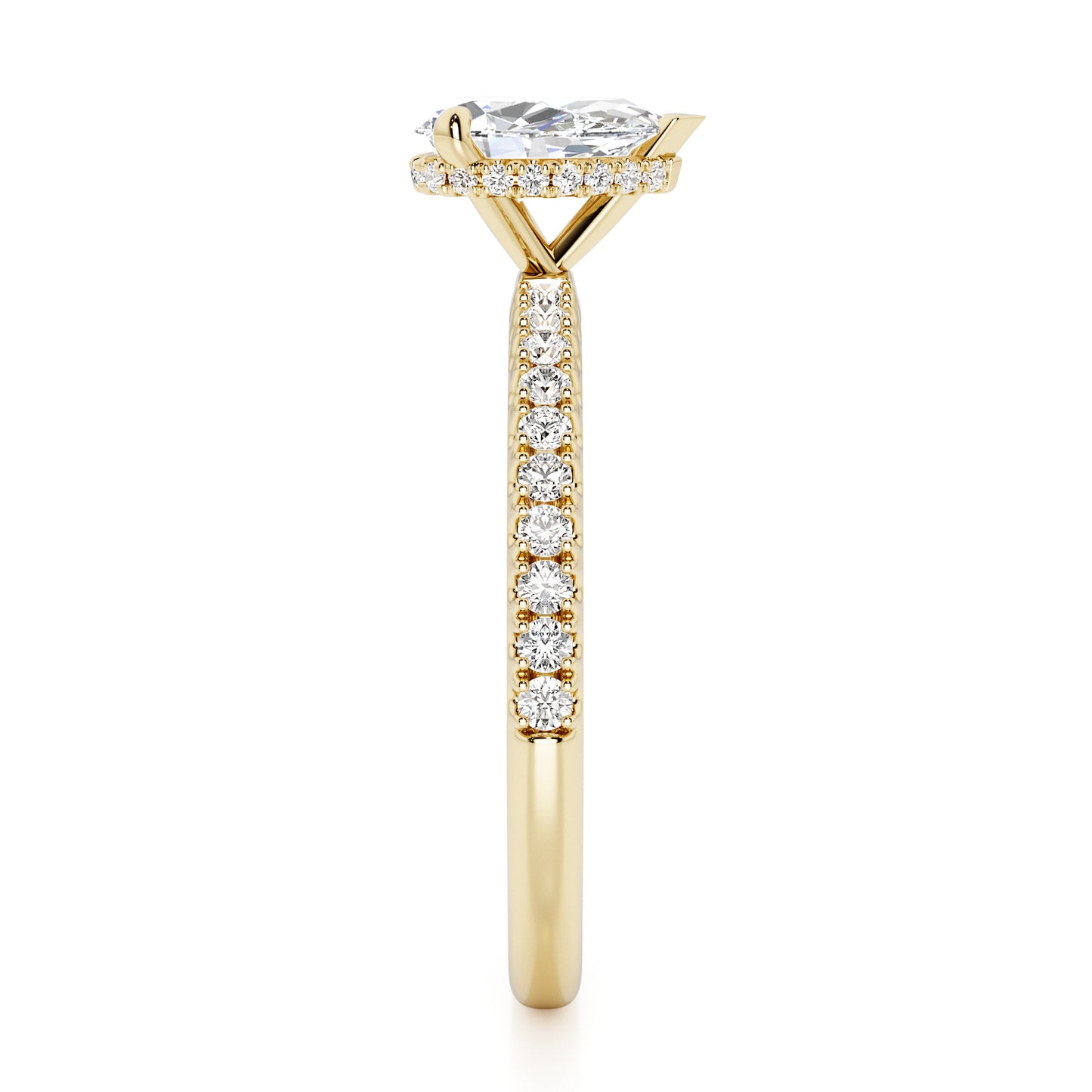 Pear Cut Hidden Halo with Diamond Shoulders Engagement Ring - 2ct+, E/F, VVS - 18ct Yellow Gold