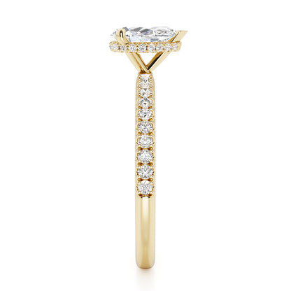 Pear Cut Hidden Halo with Diamond Shoulders Engagement Ring - 2ct+, E/F, VVS - 18ct Yellow Gold