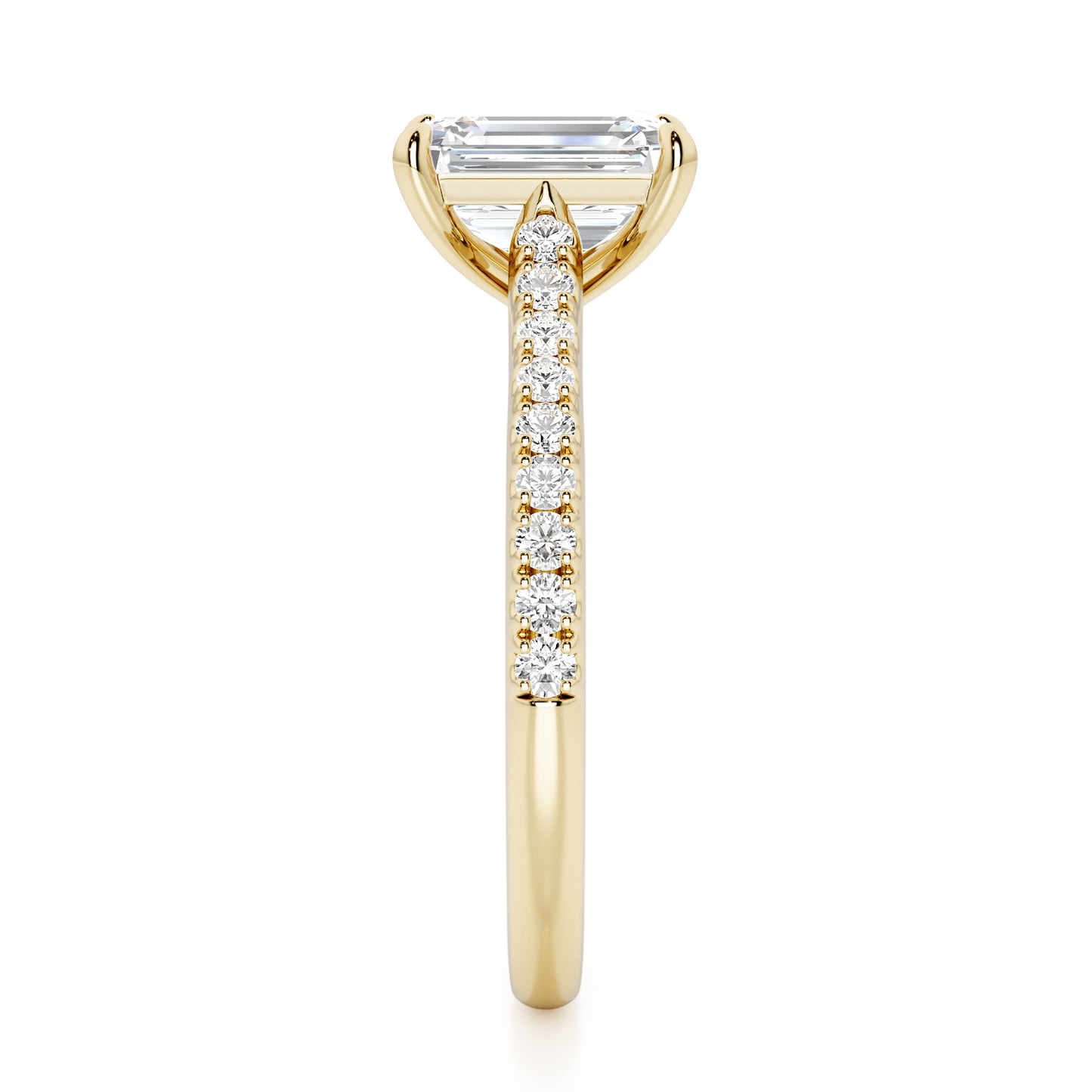 Emerald Cut with Diamond Shoulders Engagement Ring - 2ct+, E/F, VVS - 18ct Yellow Gold