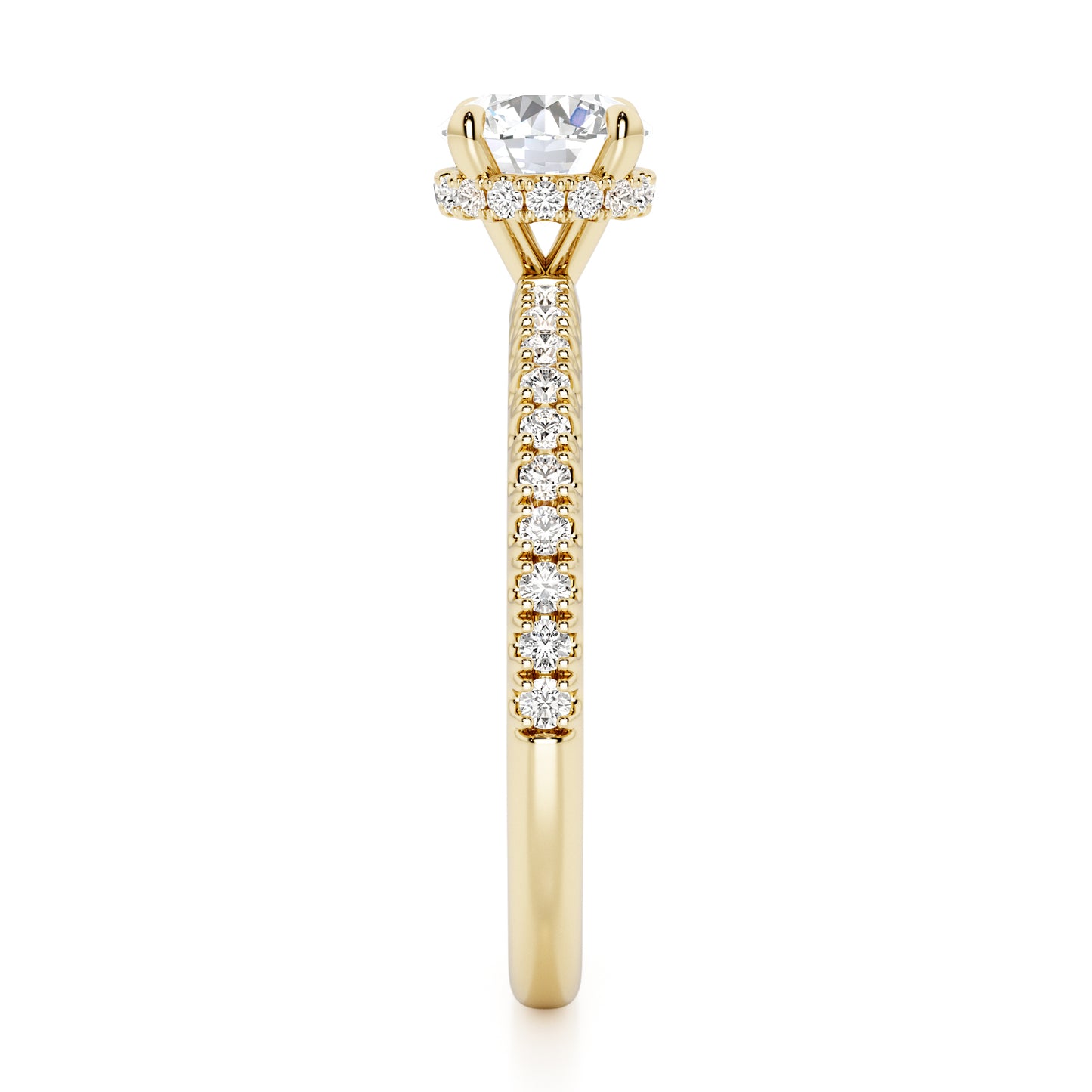 Classic Round Cut Hidden Halo with Diamond Shoulders Engagement Ring - 2ct+, E/F, VVS - 18ct Yellow Gold