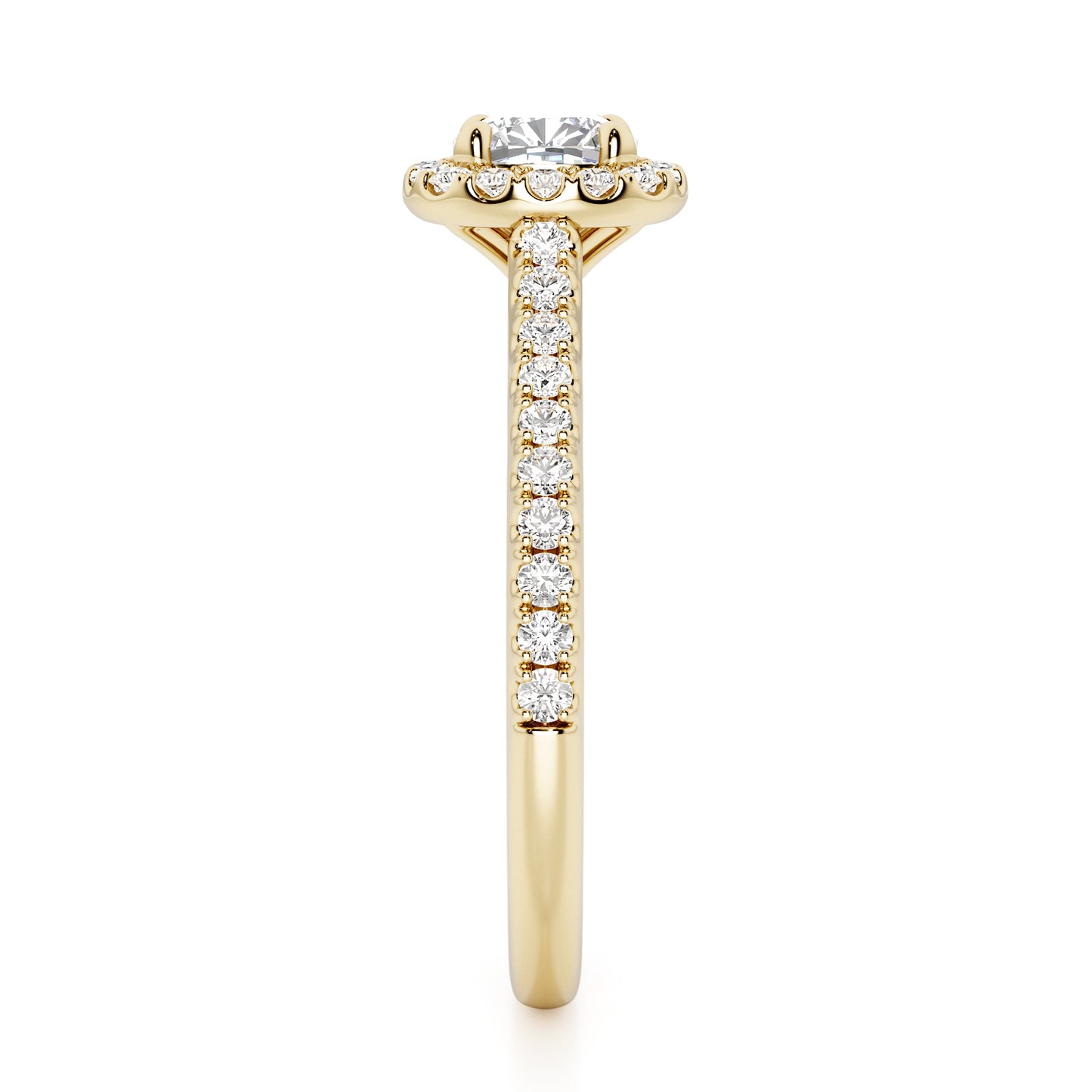 Cushion Cut Halo Engagement Ring with Diamond Shoulders - 2ct+, E/F, VVS - 18ct Yellow Gold